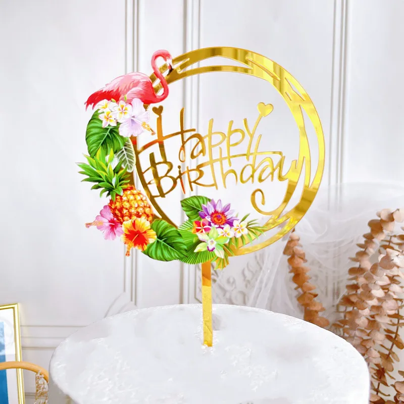 Acrylic Color Printing Summer Birthday Cake Topper Coconut Tree Flamingo Kid Birthday Party Decoration