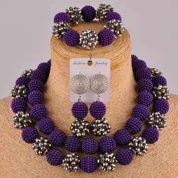 

purple and silver beads african jewelry set nigerian traditional wedding set jewellry costume necklace FZZ96