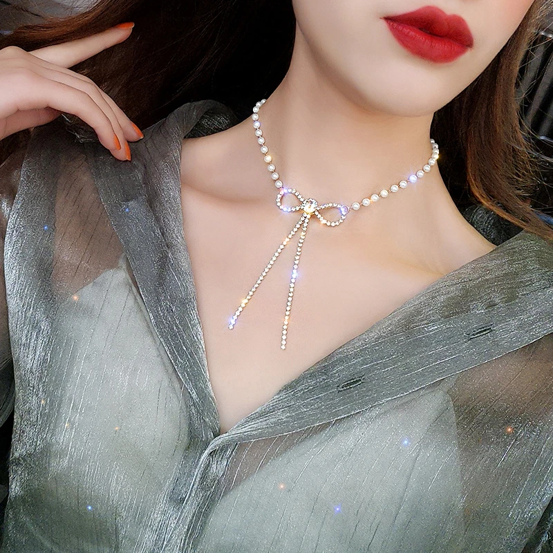Модные ожерелья и кулоны для женщин Collier Femme, Винтажное колье с бантом и черным бисером для женщин, Жемчужное ювелирное изделие, подарок