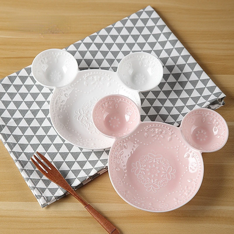 

Kids Cartoon Mickey Mouse Ceramic Tableware Plates Cute Dividing Plate Fruit Salad French Fries Ceramic Plate Divide Dinnerware