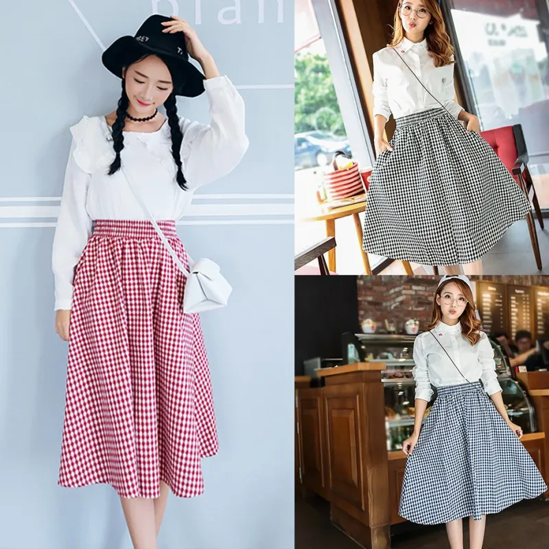 

Retro Lattice Big Pendulum Skirt Mid-Calf Style Plaid Print High Waist A-line Skirt Fashion Sweet Ladylike Temperament Skirt