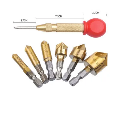 7 шт. центр удар Зенковка сверло набор 1/4 ''шестигранный хвостовик HSS Зенковка 90 градусов дерево фаски резец, фреза - Цвет: 6 bit 1 punch