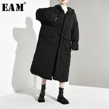 [EAM] Черное длинное пальто с капюшоном, с хлопковой подкладкой, с длинным рукавом, свободный крой, женские парки, модная новинка, Осень-зима, TC2130
