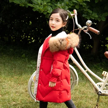 

Girls Real Fur Collar Down Jacket 2020 Winter New Girls' Long Thickening Hooed Coats Kids Fashion Slim Warm Outwear