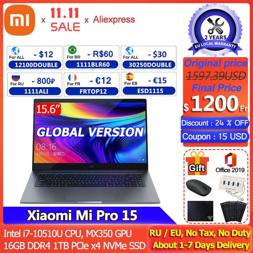 Global Edition Xiaomi Laptop Pro 15.6 Inch  Mi Notebook MX350 Intel Core i7-10510U / i5-10210U 100% sRGB FHD Screen Computer