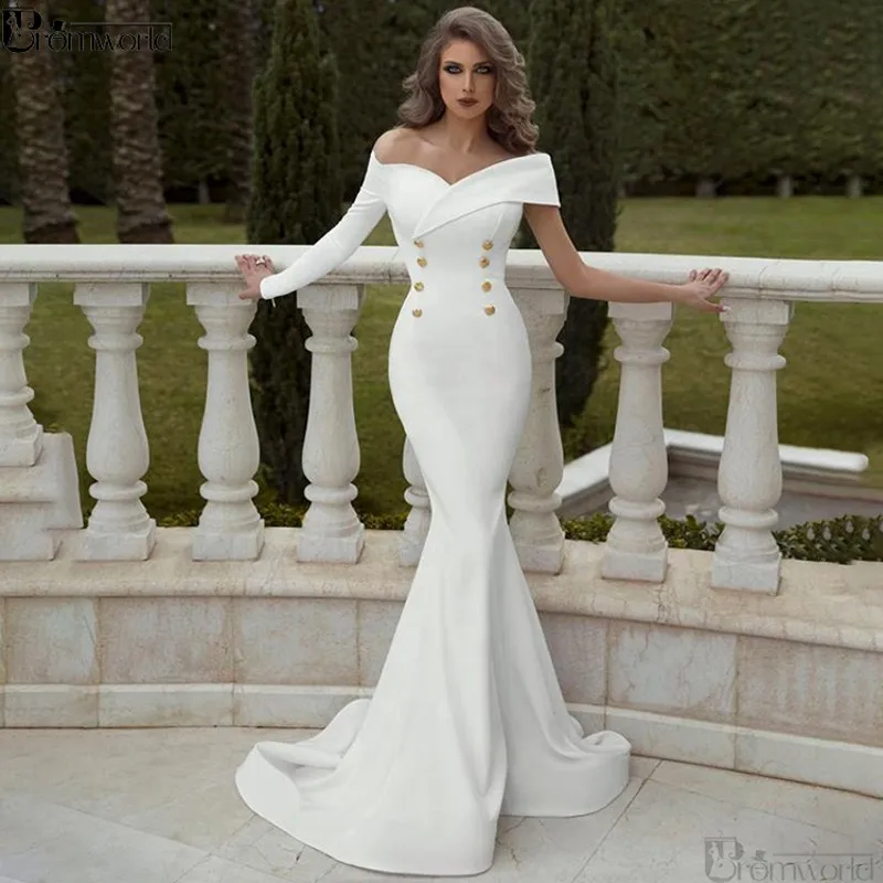 ^*Best Offers Witte Mermaid Avondjurken 2019 Off de Schouder V-hals Dubai Saudi Arabische Lange Mouwen Formele Avondjurken Prom Dress ^*Best Offers Witte Mermaid Avondjurken 2019 Off de Schouder V-hals Dubai Saudi Arabische Lange Mouwen Formele Avondjurken Prom Dress