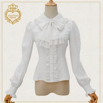 

Palace sweet lolita shirt vintage lace bowknot turn-down collar lantern sleeve victorian shirt kawaii girl gothic lolita top cos