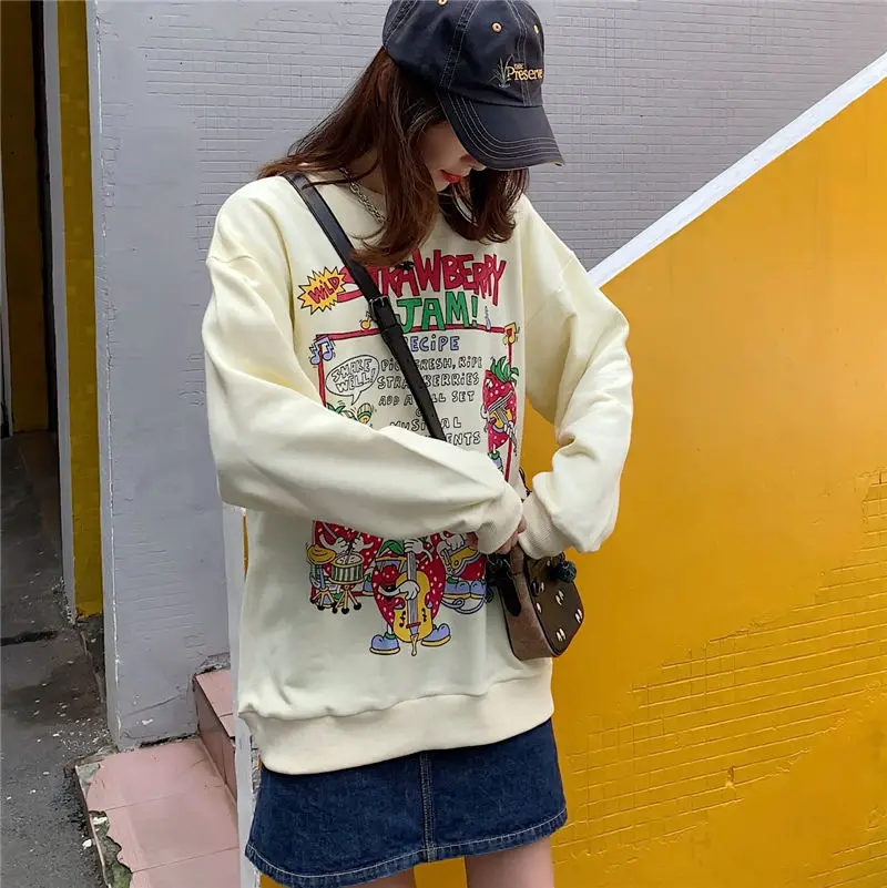2021 New Harajuku Retro Top Strawberry Print Hoodie Women Loose Streetwear Sweatshirt American Retro Oversized Pullover