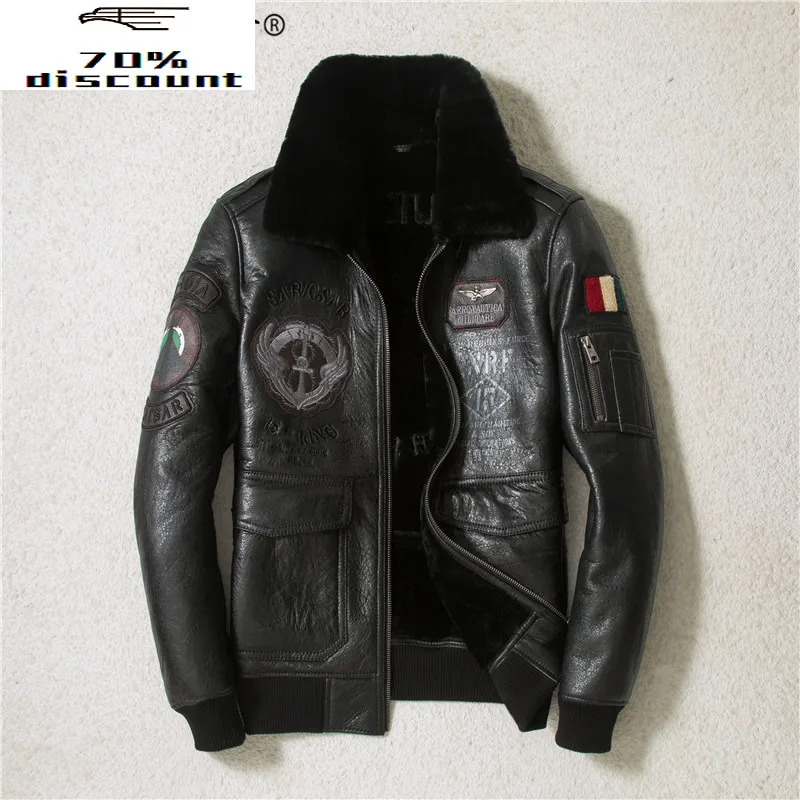 

Winter Genuine Leather Jacket Men Sheepskin Coat Motorcycle Flight Jacket Embroidery Shearling Leather Jackets SWY-966