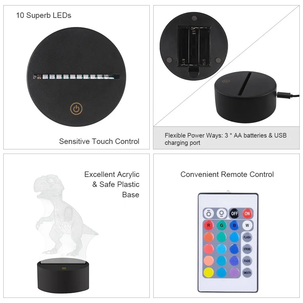 NEWKBO DC4.5V 5 Вт 3D декоративный Ночной светильник 10 светодиодов RGB Ночной светильник с пультом дистанционного управления для дома вечерние с 3D эффектом