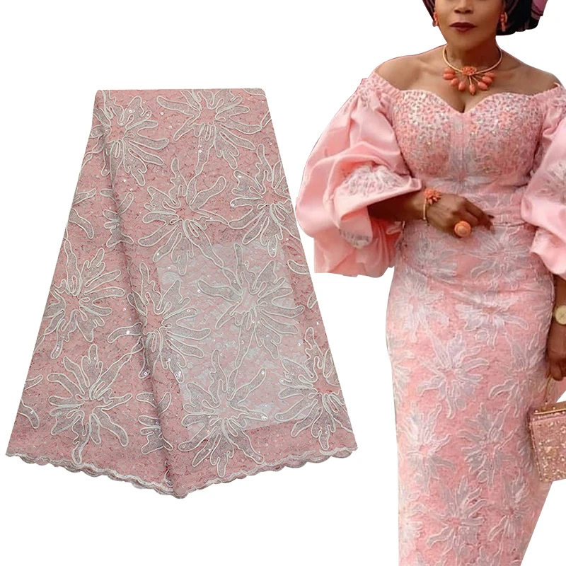 Bestway Luxury French Net Sequin African Lace Fabric 5 Yards High Quality Rope Embroidery Nigerian Gown Tailoring Lace Materials
