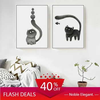 

Canvas Paintings Modern Cute Black Hairy Cat Animals Posters Print Nursery Wall Art Pictures Decorative Prints for Kids Room