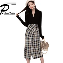 Модная Новая женская осенняя и зимняя сексуальная приталенная рубашка с v-образным вырезом+ сумка с высокой талией, юбка в клетку