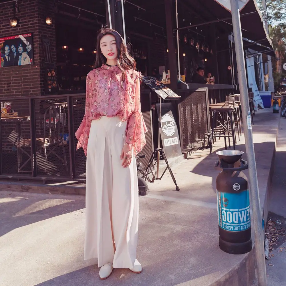 

Photo Shoot Autumn New Style WOMEN'S Dress CHIC Floral-Print Chiffon Shirt High-waisted Slimming Loose Pants Set Two-Piece Set