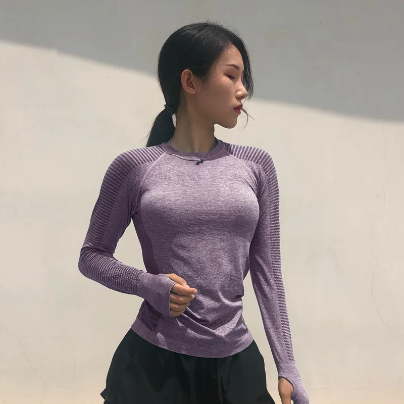 Бесшовный топ для занятий йогой с длинными рукавами, женская спортивная футболка, гимнастическая майка, топы Спортивные для женщин, фитнес, тренировочные футболки, спортивная одежда - Цвет: purple