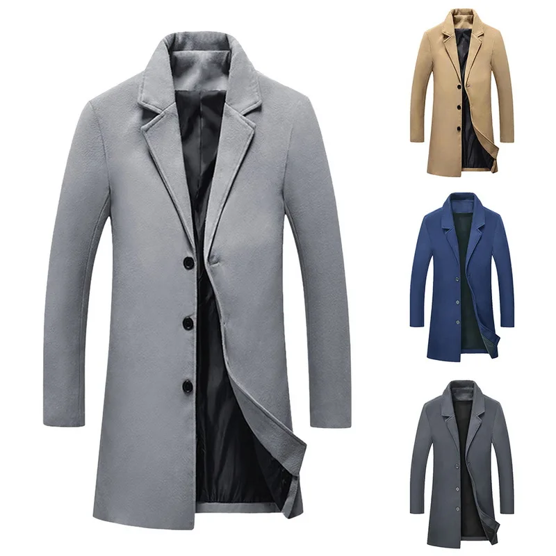 Men Fashion Luxury Double Breasted Woolen Coat New Men Notched Collar Solid Color Long Dust Coats Slim Fit Casual Overcoats