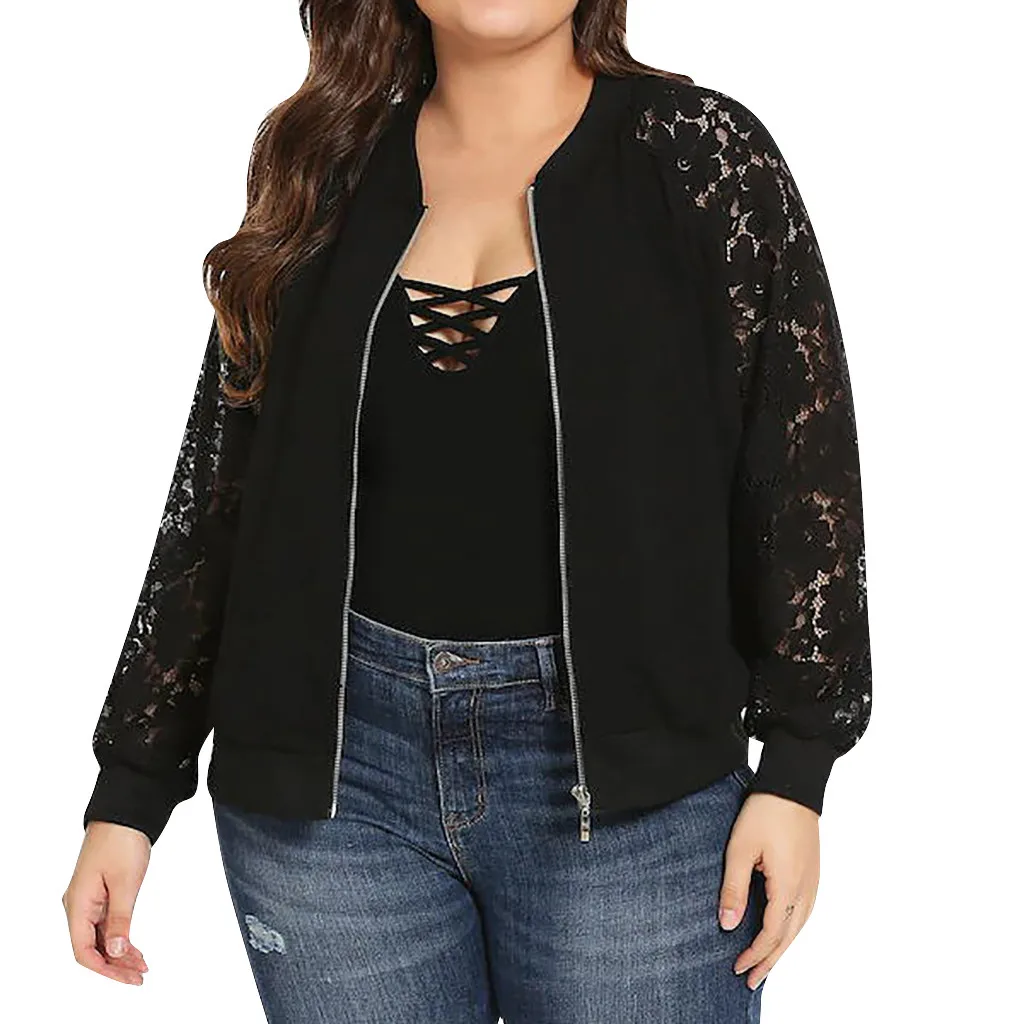 

Plus Size Bomber Jacket Women Solid Lace Patchwork Zipper Up Retro Coat Spring 2019 Summer Long Sleeve Basic Jackets Female #B