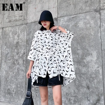 

[EAM] Women Pattern Printed Big Size Chiffon Blouse New Lapel Three-quarter Sleeve Loose Shirt Fashion Spring Summer 2020 1T568