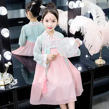 

Kids Flower Embroidery Dress Chinese Style Chiffon Hanfu Ethnic Fashion Boutique Tang Costumes for Girls Boutique Dresses 2-10T