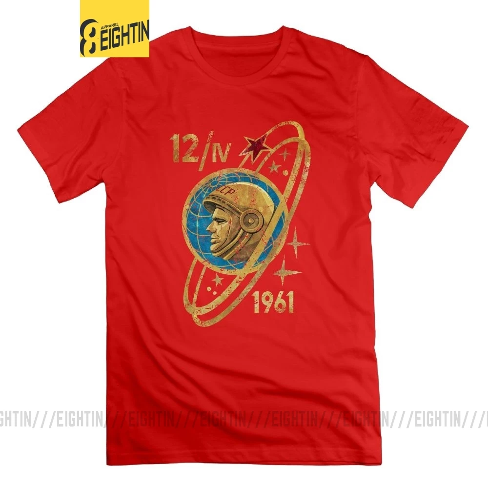 Eightin CCCP Гагарина 12-4-1961 Винтаж Футболка хлопок размера плюс уличные Мужские Футболка короткий рукав Костюмы с О-образным вырезом топы, футболки - Цвет: Красный