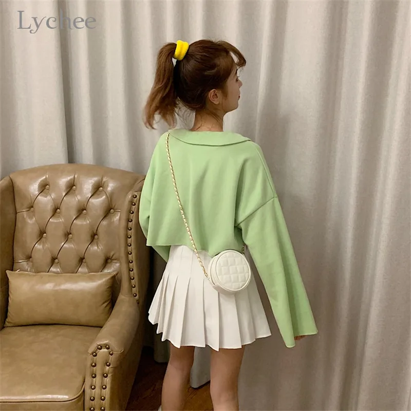 Lychee Harajuku, одноцветная женская укороченная футболка, футболка с воротником Питер Пэн, женские пуловеры, топы, повседневные свободные Весенние женские футболки, футболки