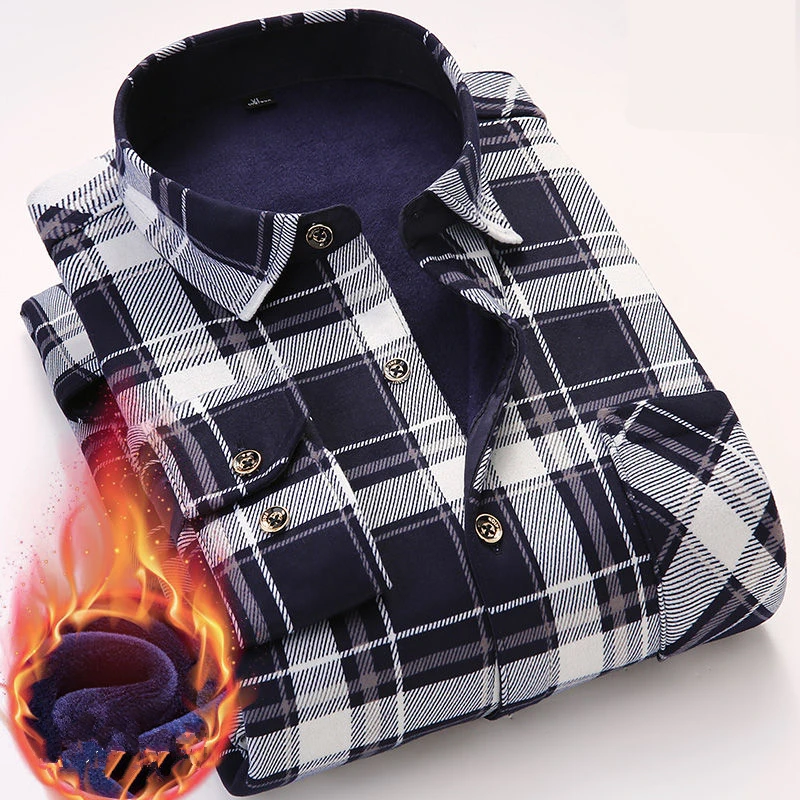 Kopen Casual Winter Lange Mouw Jurk Shirt Voor Mannen Plaid Warme Dikke Fluwelen Fleece Shirts Zacht Flanel Camisa Masculina Aziatische Grootte 4XL