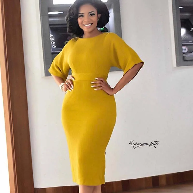 Elegant Solid Yellow Bodycon Slim Dress Women African Clothes O-Neck Short Sleeve Dress Bandage Office Lady Temperament Female