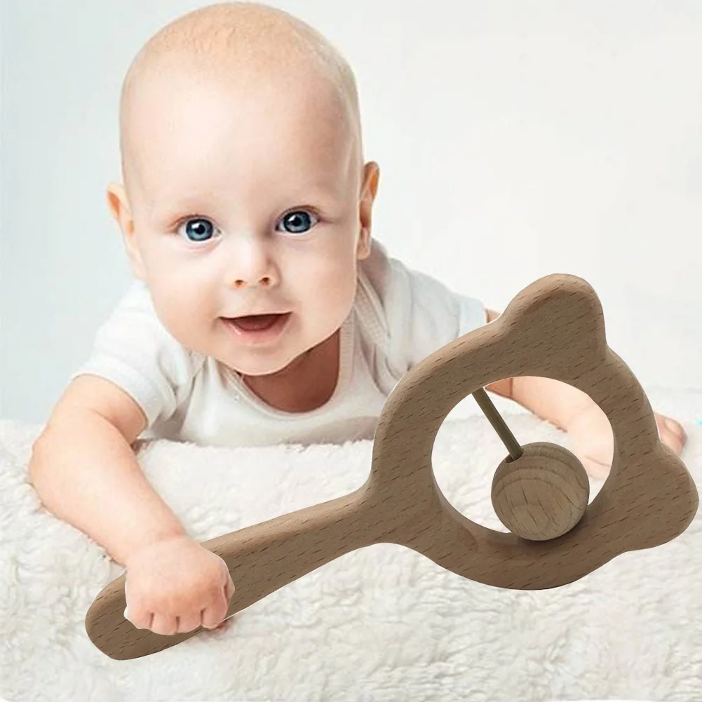 Baby Hand Bell Wooden Toy Bear Rattle Musical Instrument Percussion Toy Kid Educational Toy Gift Baby Chewing Toy Molar Stick