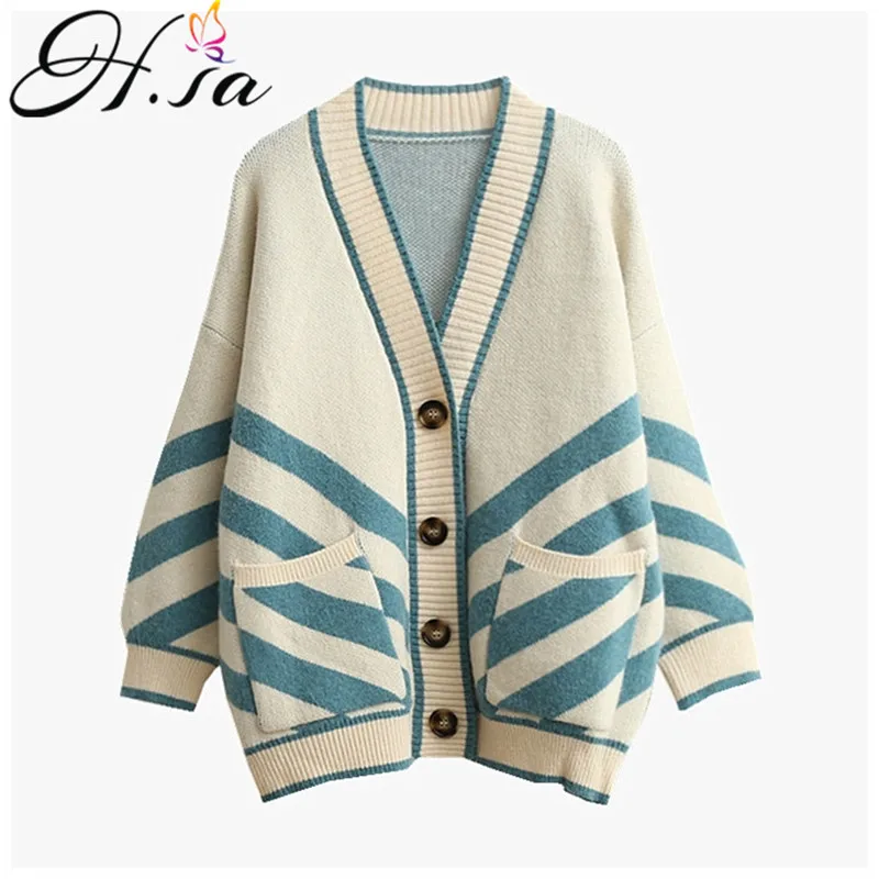 

H.SA Women Oversized Sweater Cardigans Long Sleeve Colorful Striped Pink Knit Jumper Loose Jacket Coat Winter Thick Knit Coat