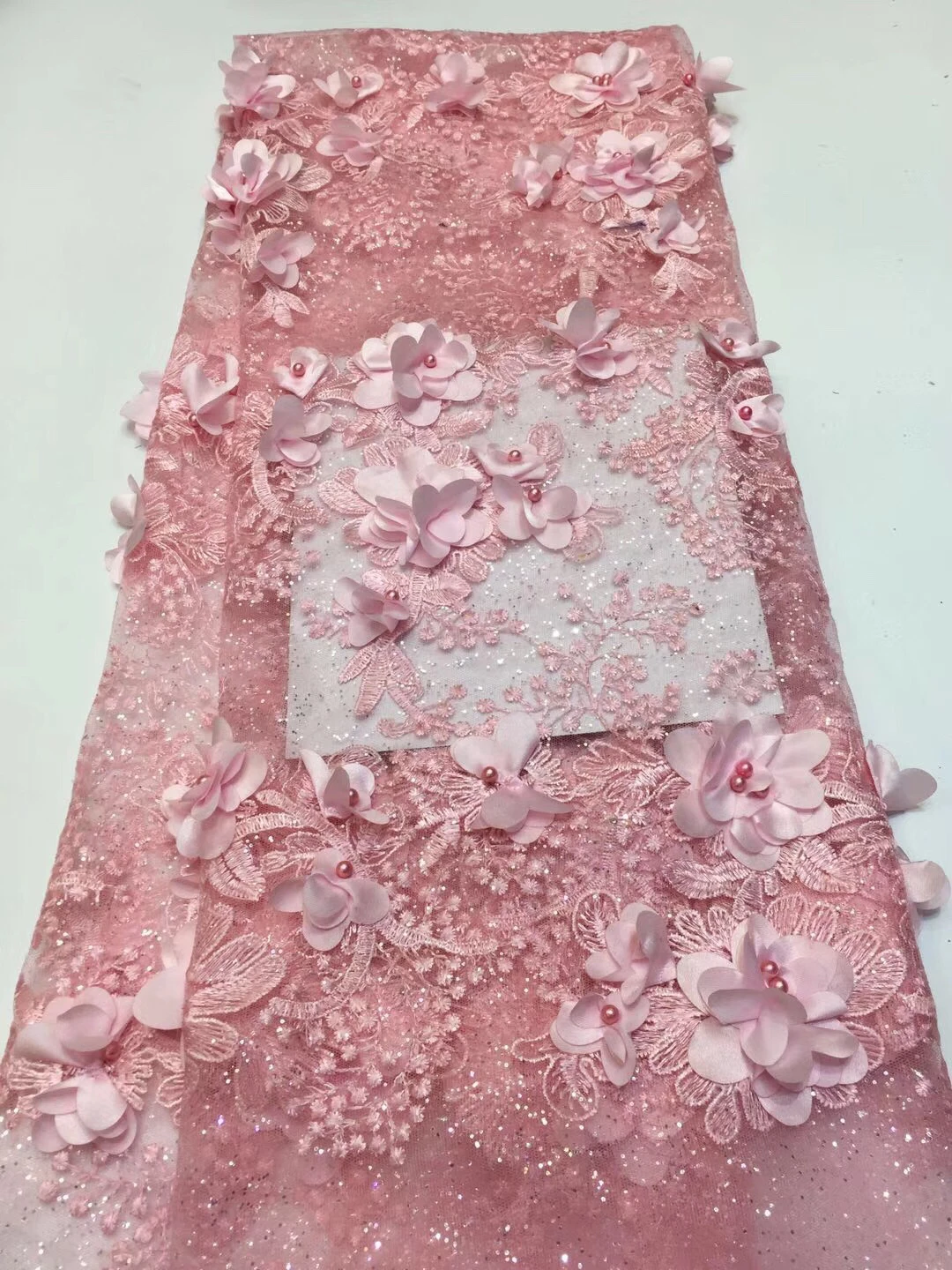 

3D Flower Fabric Embroidery Mesh Tulle Lace With Beads Nigeria Lace Fabric Fashion African French Net Lace Fabric ZX3162