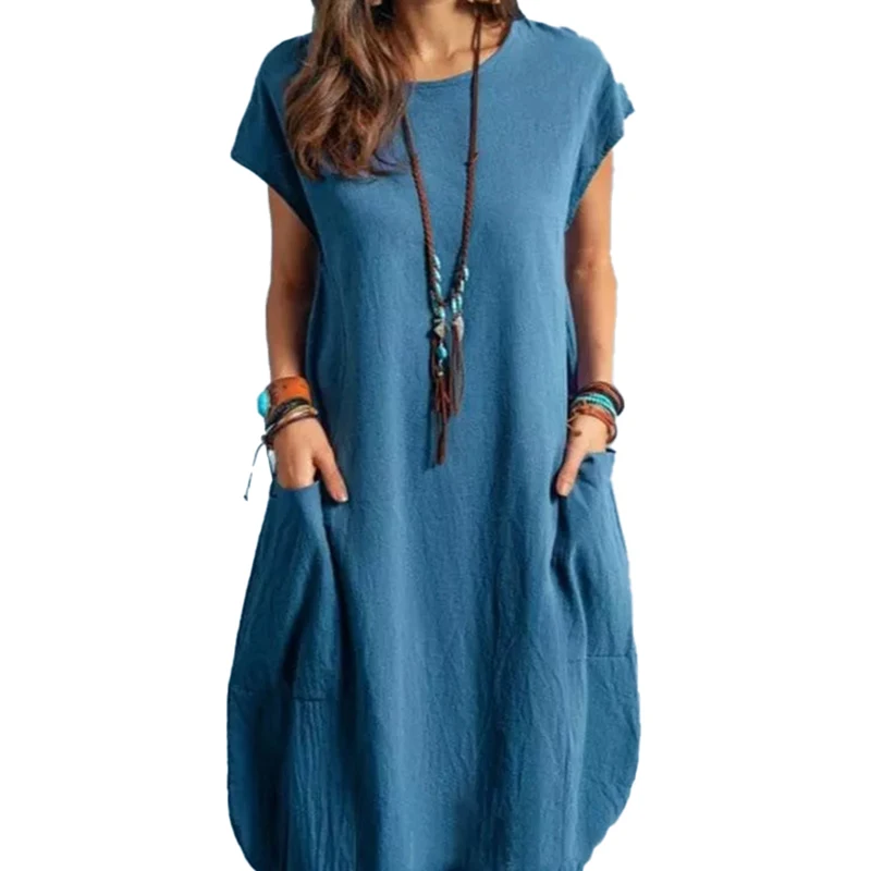 

Hot Sale 2021 Elegant Round Neck Loose Dresses Trend Female Vestidos With Pocket Solid Color Short Sleeve Dress Streetwear