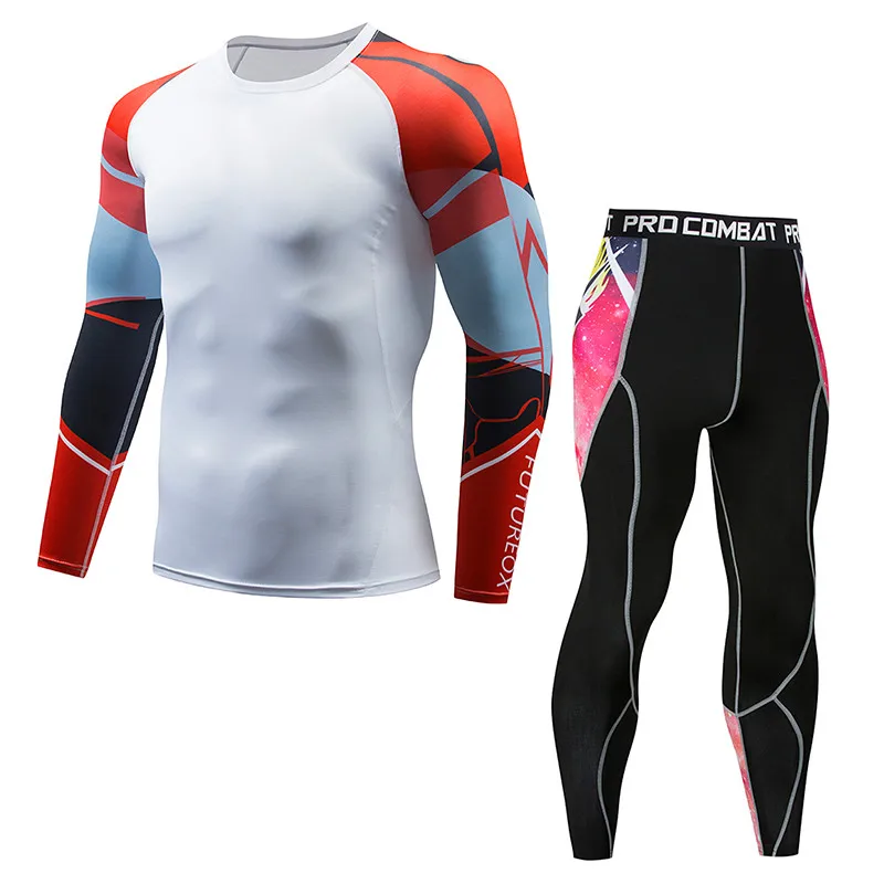Термобелье мужской костюм для фитнеса Спортивная компрессионная горячая футболка+ колготки Антибактериальная пластиковая рубашка Рашгард MMA - Цвет: 2012b