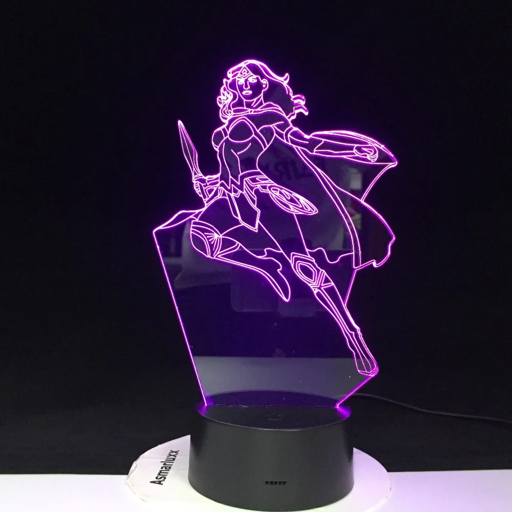 Чудо-Женщина Лига Справедливости цвета меняются с дистанционным питанием от батареи 3D иллюзия дропшиппинг светодиодный ночной Светильник 3D лампа 3416