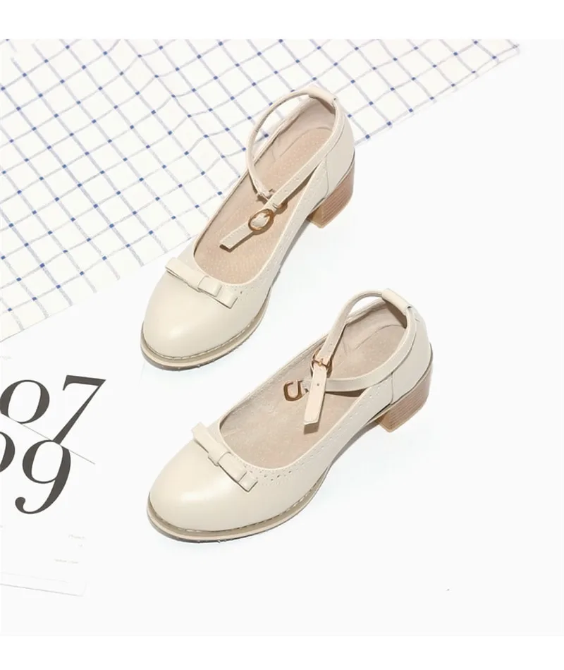 Japanese Buckle Strap Bow Women Oxford High Thick Heels Lolita Shoes British Genuine Leather Single Brogues Shoes Woman Size 43 (14)