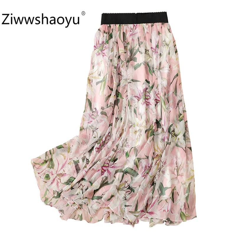 

Ziwwshaoyu Women Summer Pink lily Flower Printed Chiffon Midi Skirt Women Comfortable Elastic Waist Casual Skirt Female