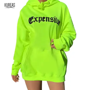 

Kureas Women Fluorescent Hoodies Winter Autumn Pullover Oversize Hooded Sweatshirts Casual Loose Letter Printed Streatwear