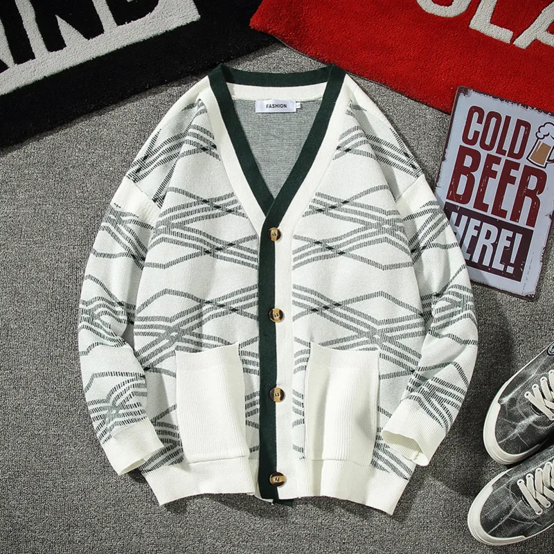 

Cardigan Men Fashion Print Casual Pocket Sweater Jacket Sman Streetwear Wild Loose Long Sleeve Sweater Male Large Size M-5XL