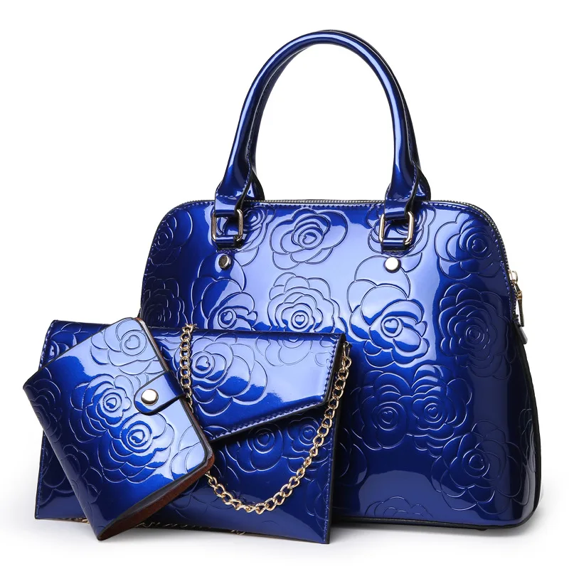 

New Style Embossed Three-piece Set Different Size Bags Patent Leather Rose Mom Handbag Chain Shoulder Oblique Bag-
