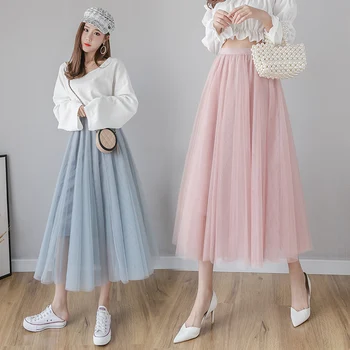 

HAYBLST Brand Women Skirt New Autumn Winter Fashion Gothic Patchwork Mesh Kawaii Clothing Korean Style Pleated Long Skirts Women