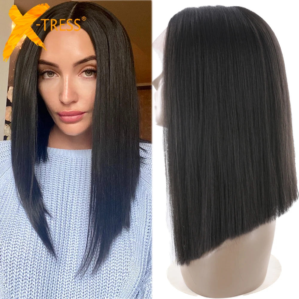 Photo Product Medium Brown Synthetic Hair Lace Front Wigs High Temperature Fiber X-TRESS Yaki Straight Short Bob Blunt Lace Wig Middle Part