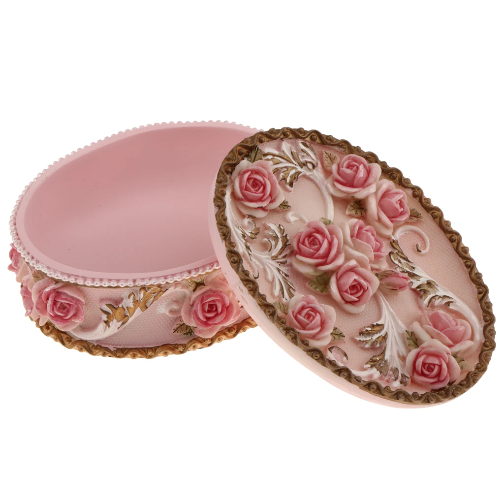 Country Style Rose Flowers Oval Shape Resin Wedding Jewelry Bride Bridesmaid Keepsake Box Storage Container Case