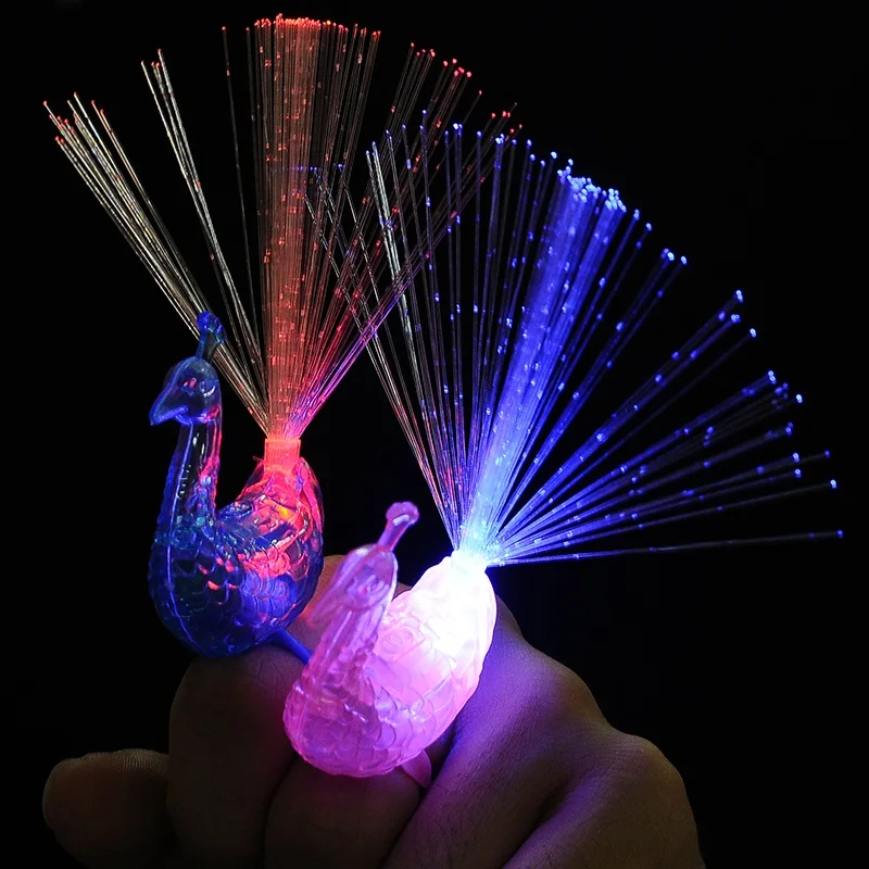 5 Peacock Finger Rings Light Colorful LED Glowing Open Fiber Optic Night Light for Kids Child Adult Party Vocal Concert Supplies