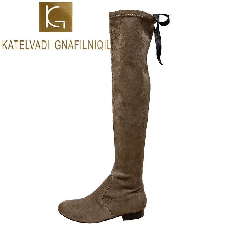 KATELVADI/высокие сапоги до бедра женские зимние коричневые ботфорты из флока модная