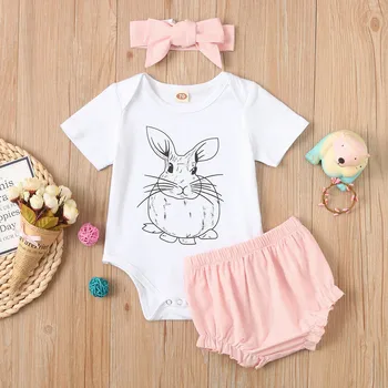 

Baby Girls Clothes Set Newborn Short Sleeve Summer Cute Girl Clothing Cartoon Rabbit Bodysuit Short Girls Easter Outfits 2PCs