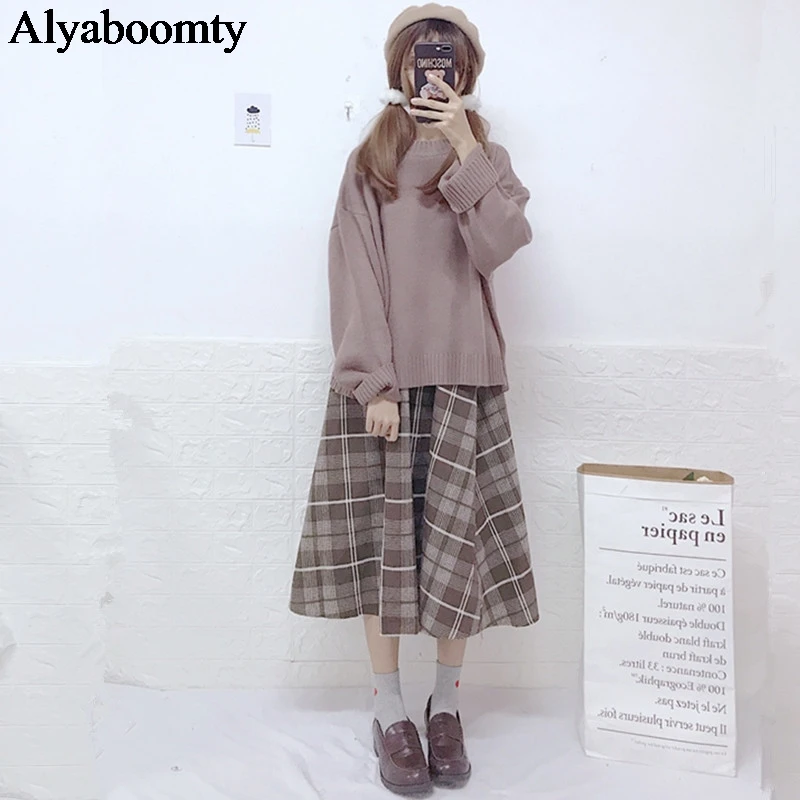

Japanese Preppy Style Autumn Winter Women 2 Pcs Set Oversized Knitted Sweater Khaki Plaid Midi Skirt Cute Kawaii Girl's Outfits