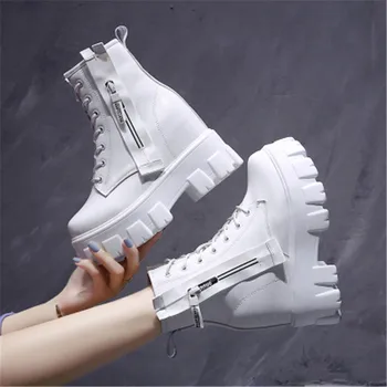 

Sexy Platform Woman Black White Ankle Boots Winter Velvet Warm Chunky Sneakers Internal increase 10CM High heels