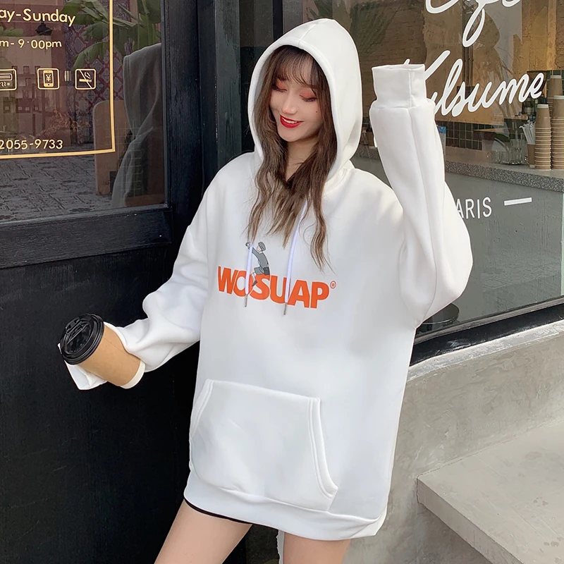 

Woman Sweatershirt Hoodie White Autumn Winter Korean Loose Women Thickened Plus Velvet Hooded Wild Student Oversized Hoodie Jack