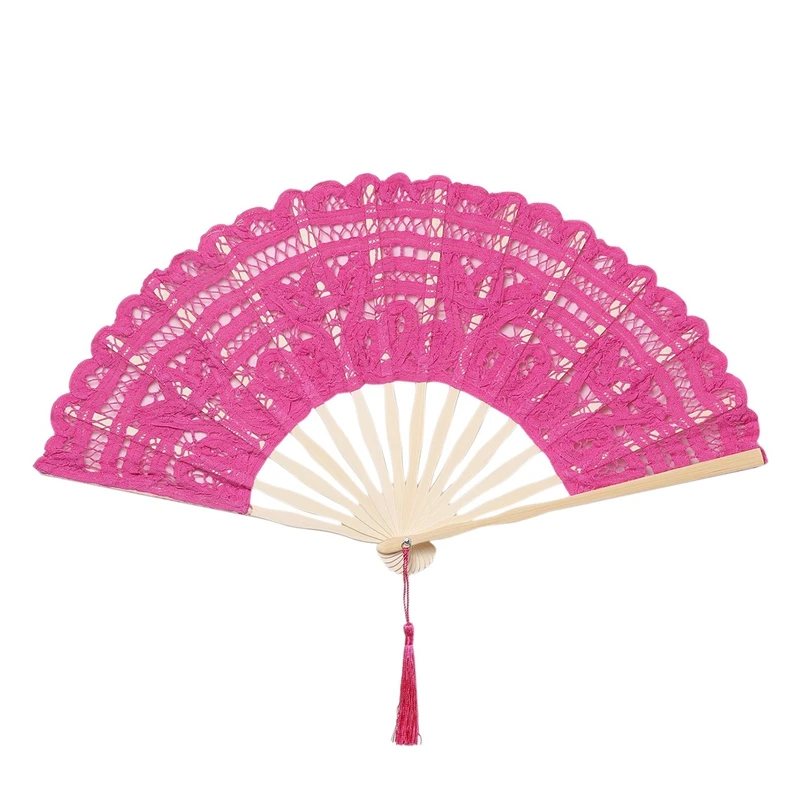 

Lace Folding Handheld Fan Embroidered Bridal Hand Fan with Bamboo Staves for Wedding Decoration Dancing Party (Rose Red)