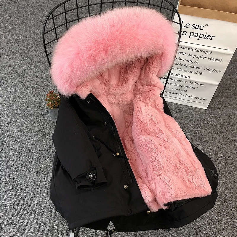 Детское пальто коллекция года, модное зимнее пальто с натуральным мехом теплая парка с воротником из меха енота для мальчиков и девочек детская куртка - Цвет: Black pink fur