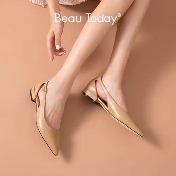 

BeauToday Sandals Women Calfskin Genuine Leather Pointed Toe Buckle Strap Cover Heel Summer Ladies Flat Shoes Handmade A30067